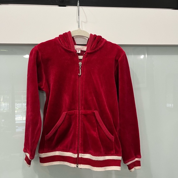 Juicy Couture Velour Red Zip Up Hoodie with Rose Print, Size 4 - Picture 1 of 3